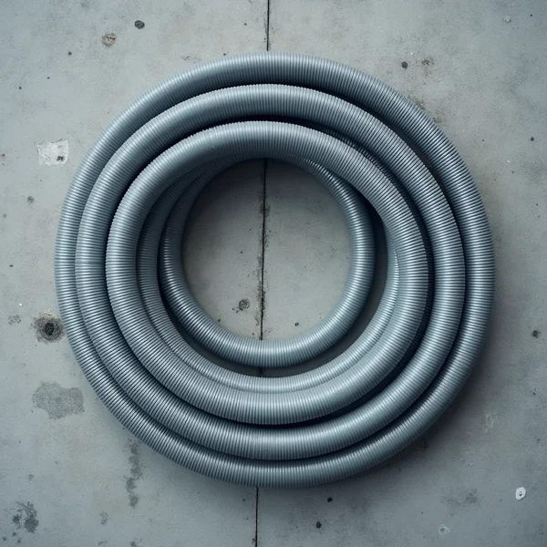 A coil of galvanised flexible metal conduit on bare grey concrete, photographed from above