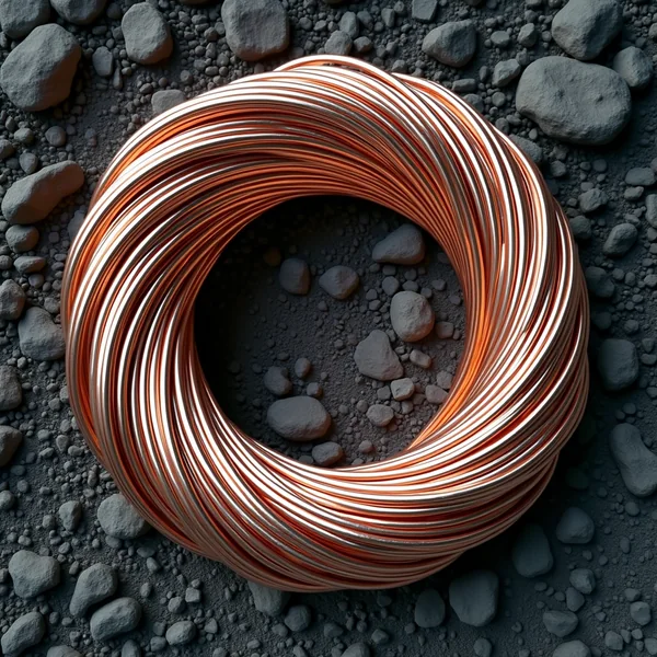 A coil of bright uninsulated copper wire photographed from directly above, its many loops twisting around an open centre, resting on dark grey stones and gravel