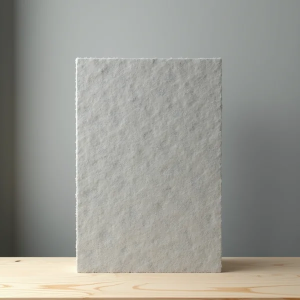 A cut slab of grey mineral wool insulation standing upright on a bare plywood sheet