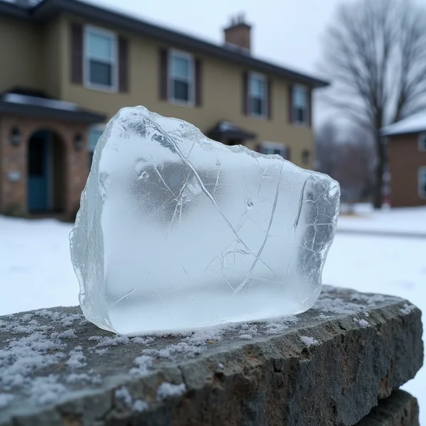 A thick slab of clear ice sitting on a snow-dusted stone wall, with a two-storey house blurred behind it under a grey winter sky