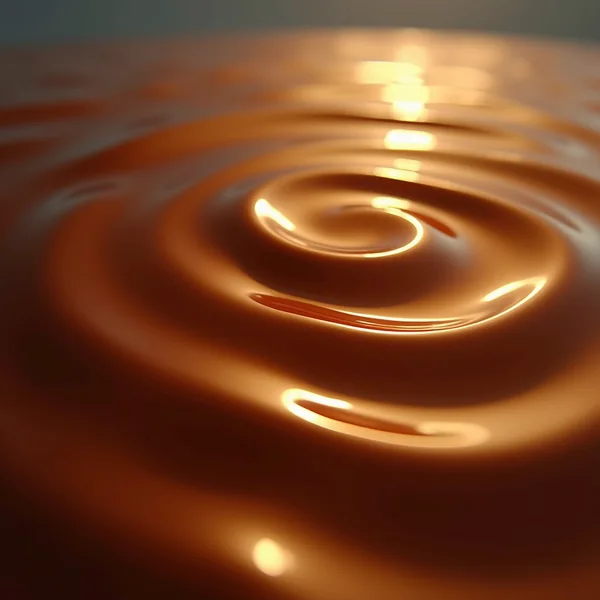 The surface of a dark amber viscous liquid seen from close range, slow concentric ripples spreading outward from the centre and catching warm highlights along their crests