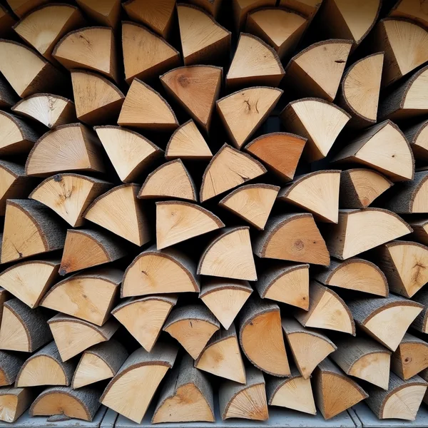 A stacked wall of split hardwood logs photographed straight on, the sawn ends forming a dense mosaic of pale wedge-shaped grain rimmed with dark bark, filling the whole frame