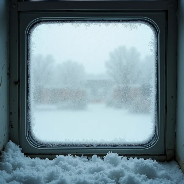 A frosted window pane in a weathered metal frame, ice crystals gathered around its edges, snow banked on the sill and a snowy landscape blurred beyond the glass