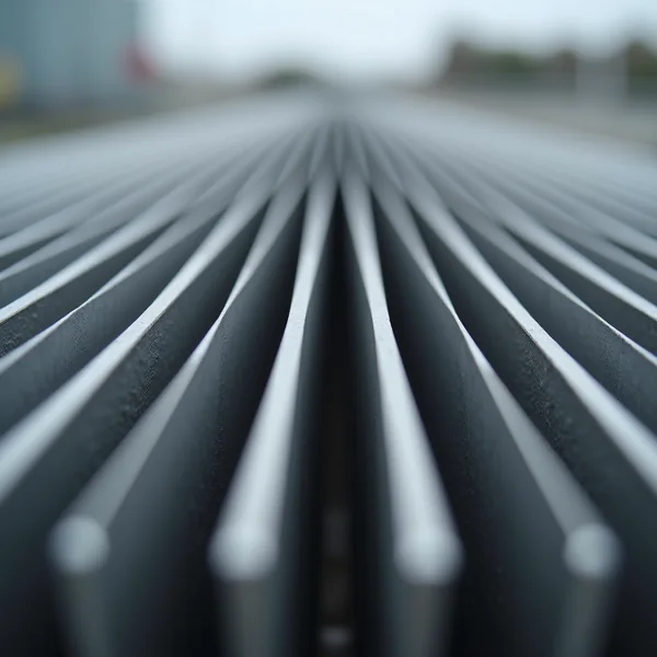 Rows of parallel metal cooling fins receding into a shallow depth of field, with a blurred outdoor background