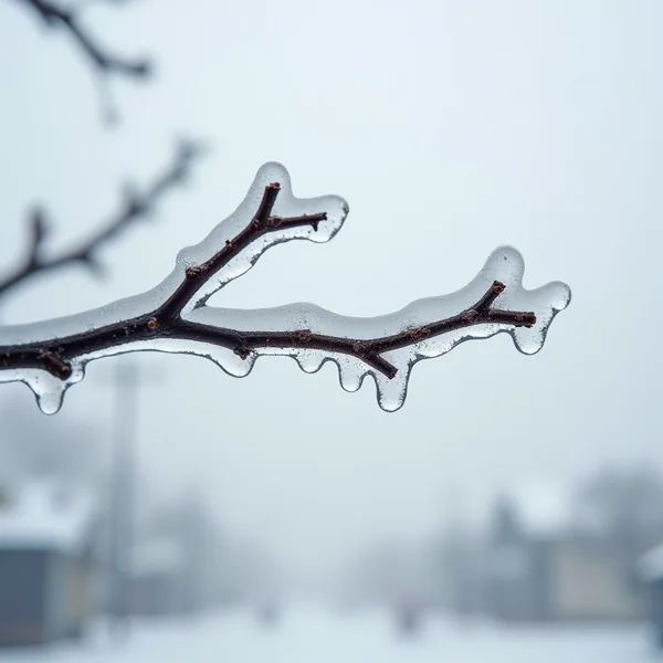 A deciduous branch sheathed in thick clear ice, frozen meltwater hanging in rounded drips along its underside