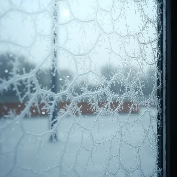 Frost crystals spreading across a cold window pane, with a snowy scene blurred beyond