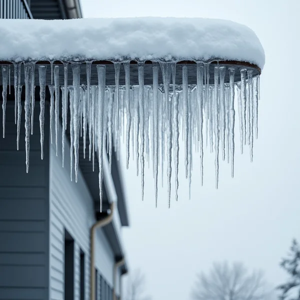A dense row of long tapering icicles hanging from the snow covered eave of a grey clapboard house against a pale winter sky