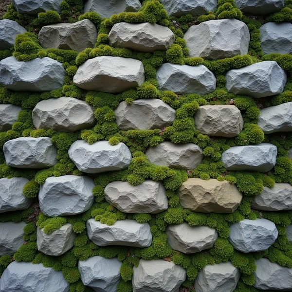 Moss in the joints of old grey fieldstone, filling the frame