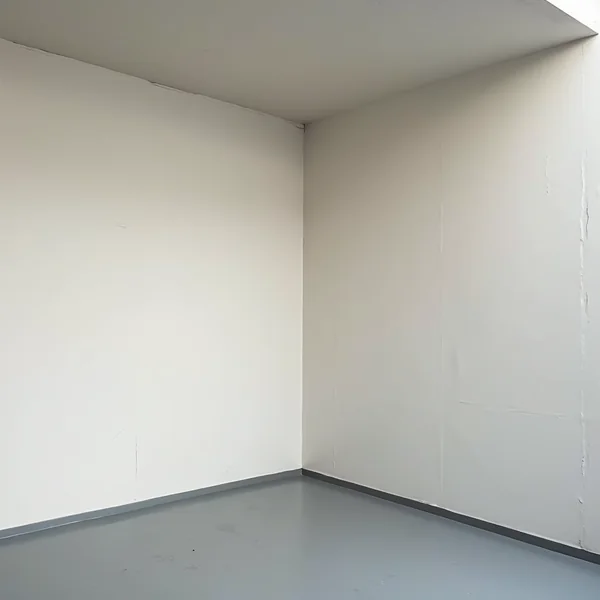 The inside corner of a bare room, two plain white plastered walls meeting a flat ceiling above a grey floor, one wall lit and the other in shadow
