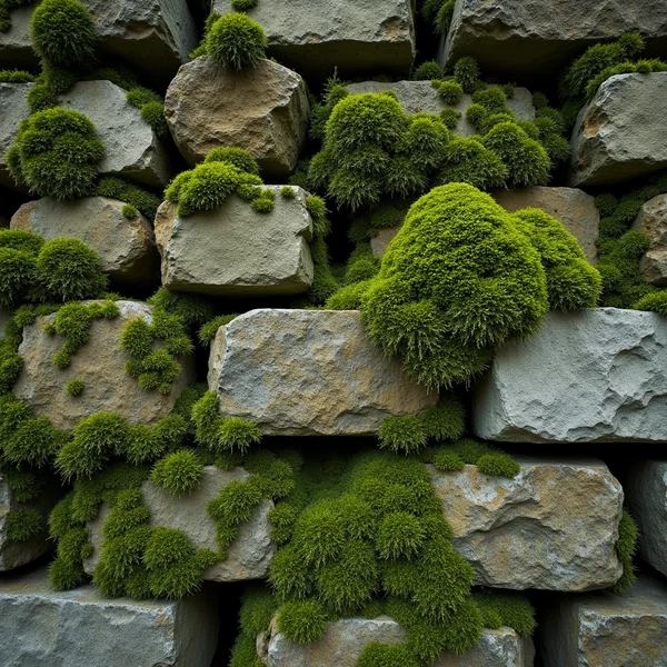 Thick green moss growing from the joints of an old dry stone wall, filling the frame in soft overcast daylight