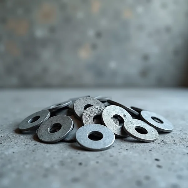 A dozen overlapping galvanised steel washers piled on a speckled grey concrete floor, a plain concrete wall soft behind them in flat overcast daylight