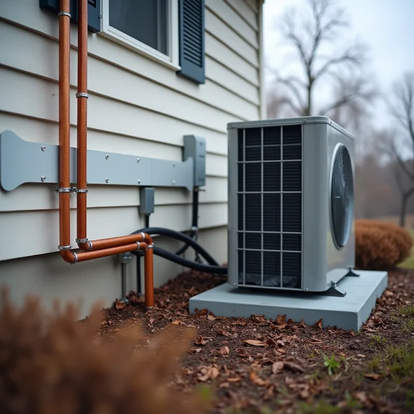 Insulated copper refrigerant lines running down a house exterior in a protective channel to an outdoor heat pump unit on a raised stand