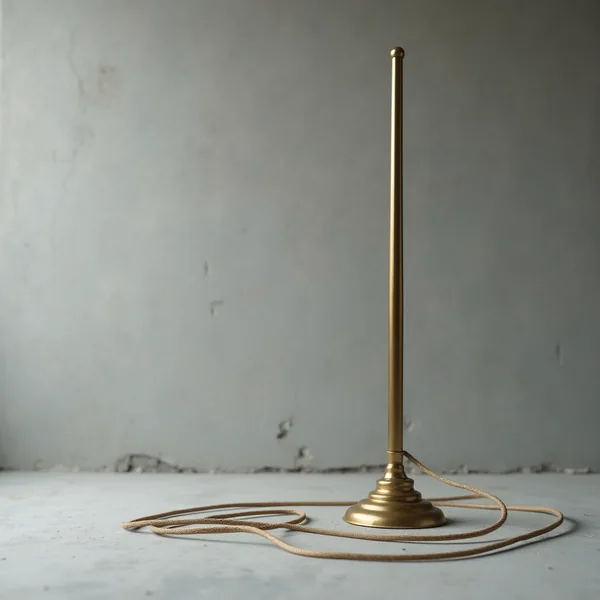 A slender brass rod standing upright on a stepped round base, its cord looped loosely across the bare grey concrete floor around it