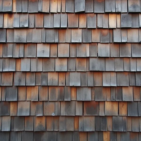 Weathered grey and rust-brown cedar shingles filling the frame in overlapping horizontal courses, their split grain lit by flat overcast daylight