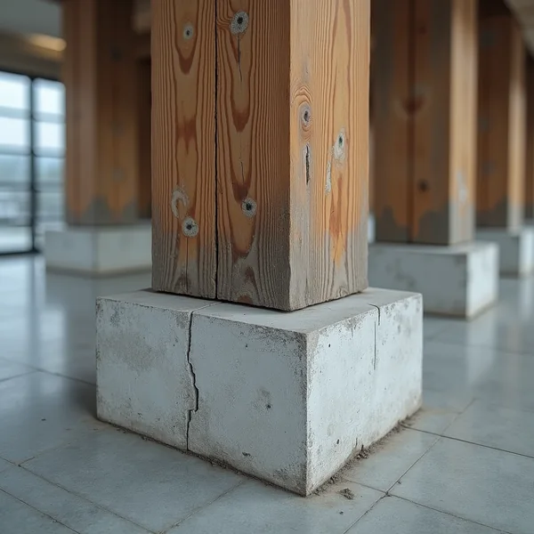 A timber post standing on a concrete block base, with a tiled floor and further posts behind