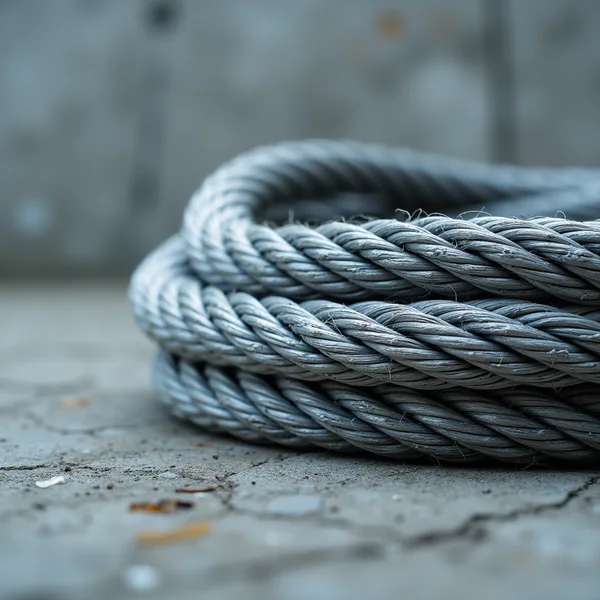 A thick coil of galvanised steel wire rope resting on grey concrete, its twisted strands filling the frame