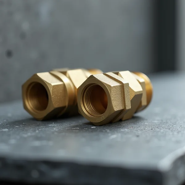 Two machined brass compression fittings resting on a grey slate slab in soft raking daylight