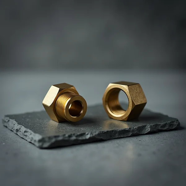 Two brass hexagonal fittings on a grey slate slab, one with a threaded shank and an open bore, the other an open hex nut