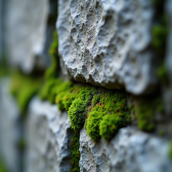 Moss growing in the mortar joint of a grey stone wall, the stonework filling the frame