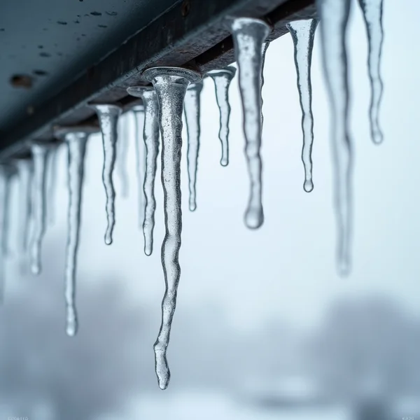 A dense row of long clear icicles against a grey winter sky, filling the frame
