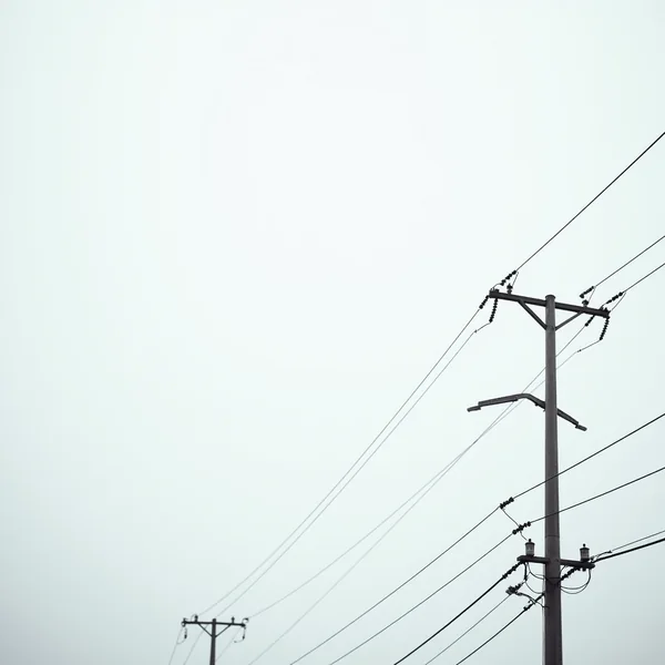 A distribution pole carrying two crossarms of insulators and a pair of cylindrical cutouts, its conductors fanning out diagonally across a flat pale overcast sky, with a second pole in silhouette far off at the lower left