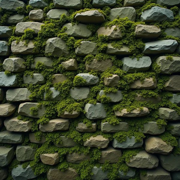 Dense green moss growing in the joints between the weathered stones of a dry stone wall