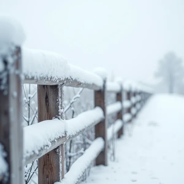 A snow-covered wooden rail fence receding into fog, with drifted snow along its base