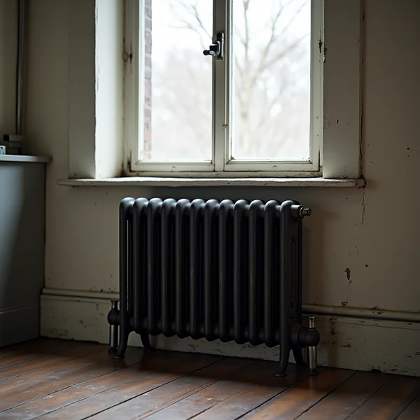 A cast iron radiator against a plaster wall in an old New York home in winter light