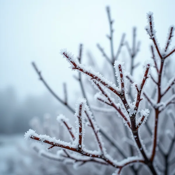 Hoar frost on the bare twigs of a shrub against a flat overcast sky