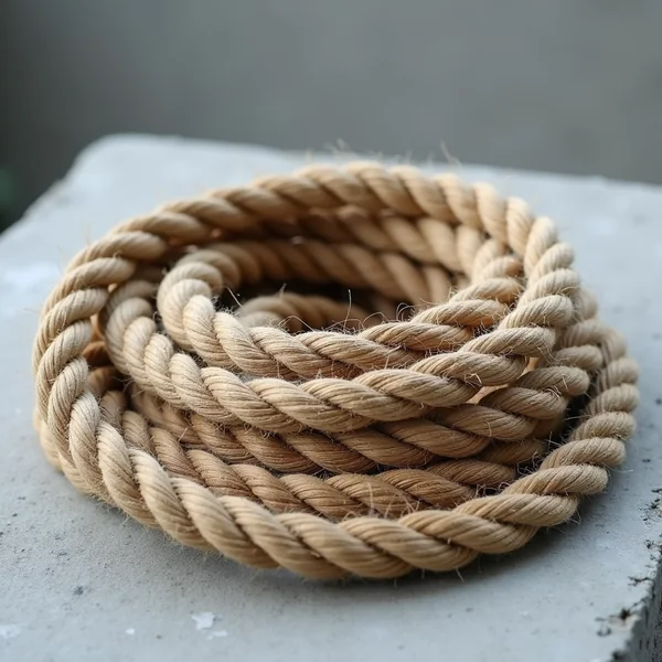 A tightly coiled length of natural jute rope on a pale grey stone surface