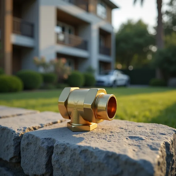 A polished brass pipe fitting resting on a rough stone wall in low evening sunlight, with a house and lawn blurred in the background