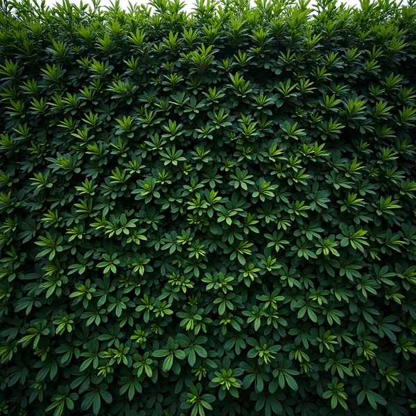 The clipped face of a dense evergreen hedge filling the frame, thousands of small overlapping leaves in tight shadow