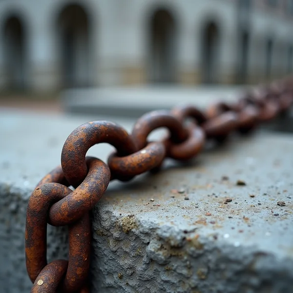 A heavy rusted iron chain running along the top edge of a concrete ledge, its pitted links sharp in the foreground against a softly blurred arcade behind