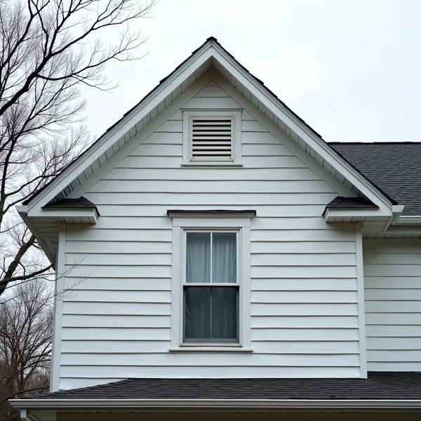 A louvered gable vent set high in the end wall of a New York house under overcast light