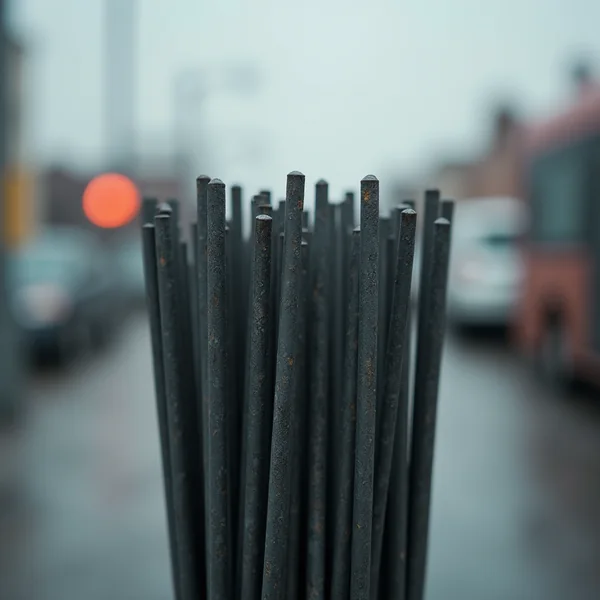 A bundle of thin steel rods standing on end in the foreground, with a wet street blurred behind