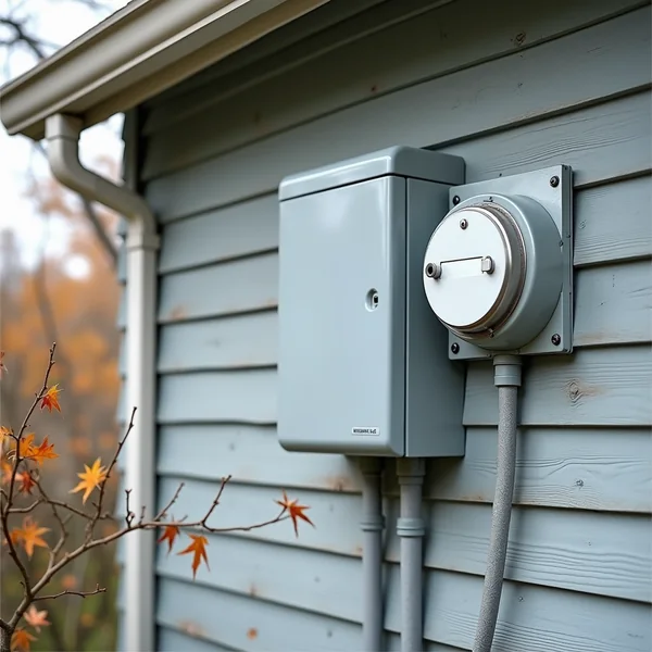 Overhead service entrance cable running down the side wall of a New York house into a meter enclosure