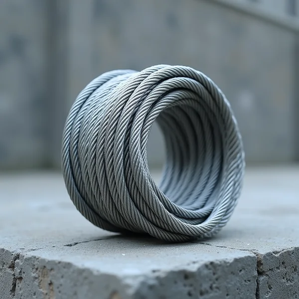 A tightly wound coil of galvanised steel wire rope standing on a broken concrete block, the twist of its strands lit by flat overcast daylight against a plain concrete wall