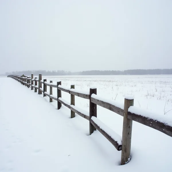 A post and rail timber fence receding across a snow-covered field, snow lying along its top rails and a faint treeline on the horizon under a flat white sky
