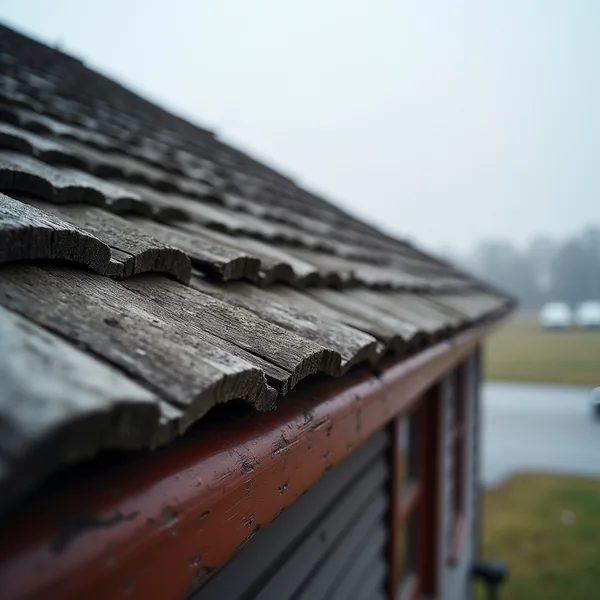Weathered wood shingles running along a roof edge above a painted fascia, with an open field blurred behind