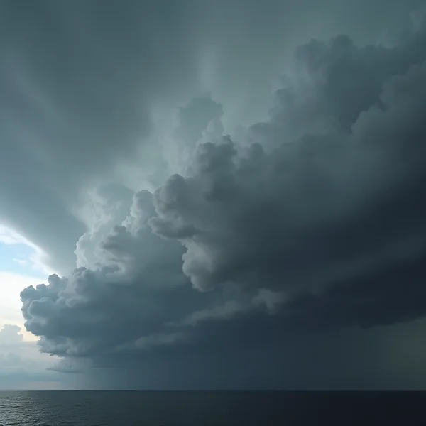 A towering dark storm cloud with layered grey folds over a dark sea