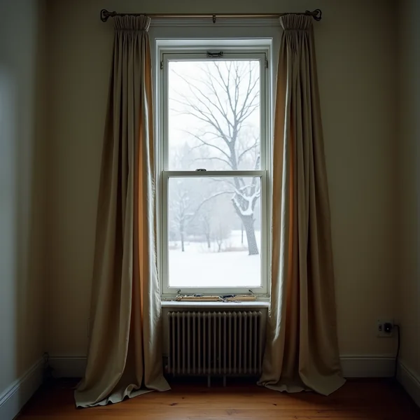 A lined thermal curtain drawn back from a frosted double-hung window in a New York house in winter