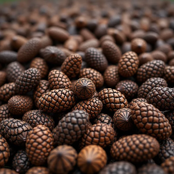 A heap of dry brown pine cones filling the frame