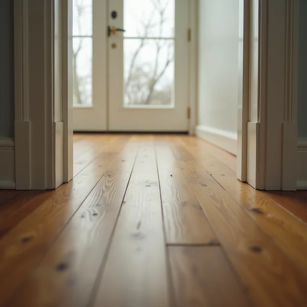 A floor-level view along wide wood floorboards, through a white-trimmed doorway toward a glazed door at the end of a hallway.