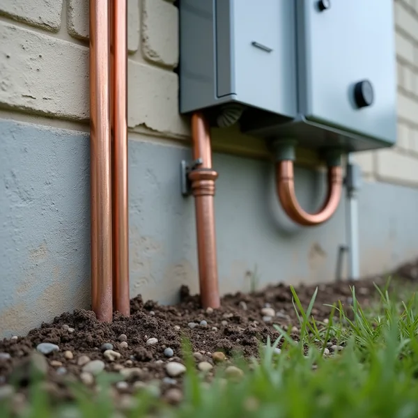 Two copper grounding rods and a bonding conductor beside the foundation of a New York house