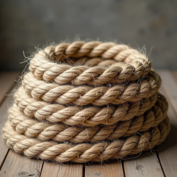 A thick coil of natural jute rope on bare weathered oak boards, its twisted fibres filling the frame in flat overcast daylight