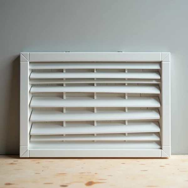 A white louvered return air grille standing upright against a plain grey wall on a bare wood floor