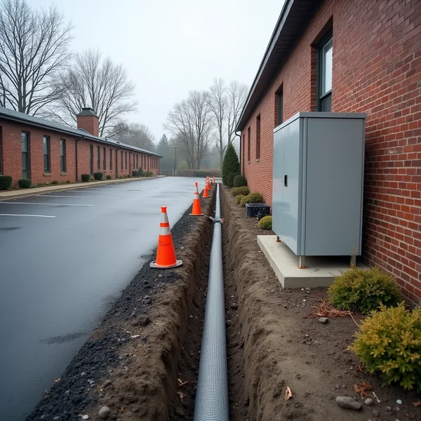 Trenching and conduit being laid across a parking lot for electric vehicle charging infrastructure