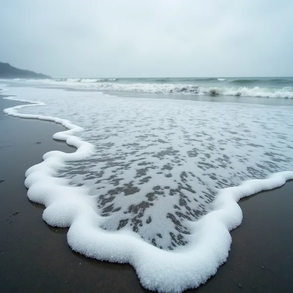 Sea foam spreading over dark wet sand on an overcast shore
