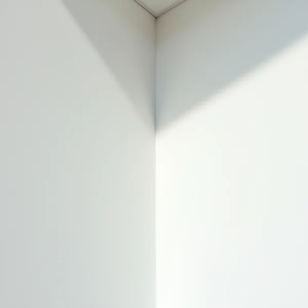 An interior corner where two white walls meet the ceiling, with daylight falling diagonally across one wall