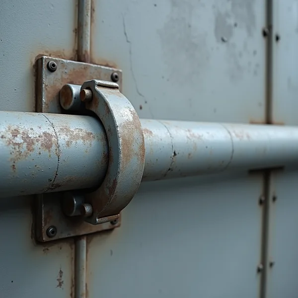 A galvanised steel clamp bolted around a weathered pipe on a metal backplate, against a plain grey panelled wall